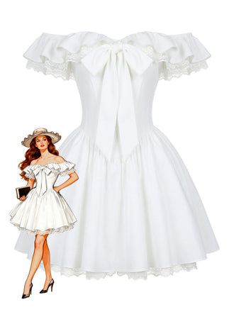 White 1960s Bow Off-Shoulder Lace Tutu Dress - vintage dress, retro fashion, elegant style for vintage lovers
