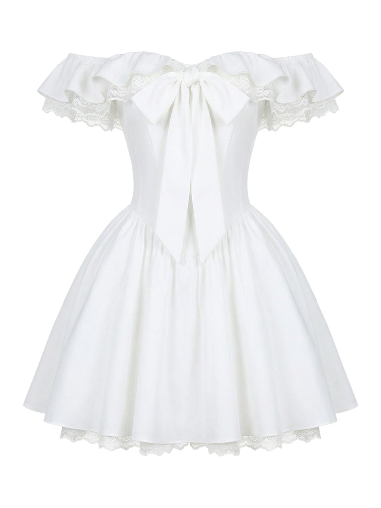 White 1960s Bow Off-Shoulder Lace Tutu Dress: beautiful vintage dress, retro fashion, elegant style with timeless appeal