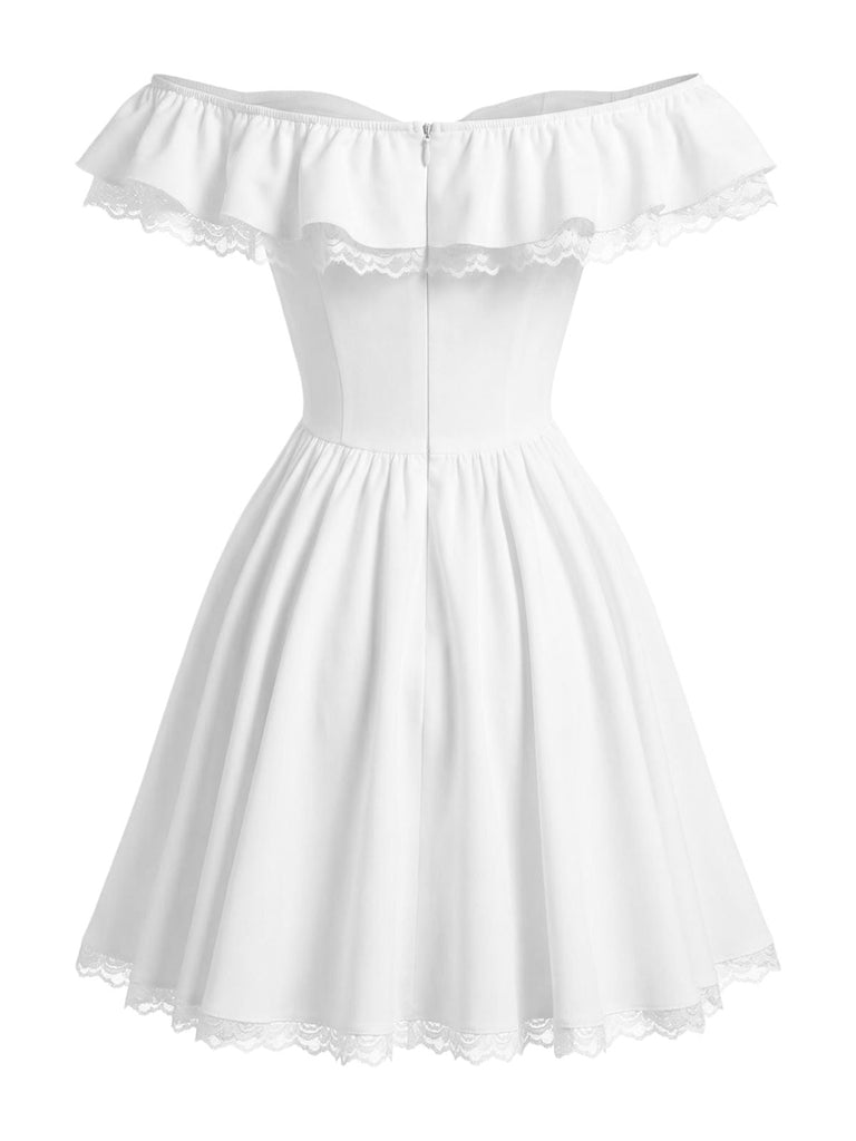 White 1960s Bow Off-Shoulder Lace Tutu Dress | vintage dress, retro fashion, elegant style - perfect for retro fashion enthusiasts