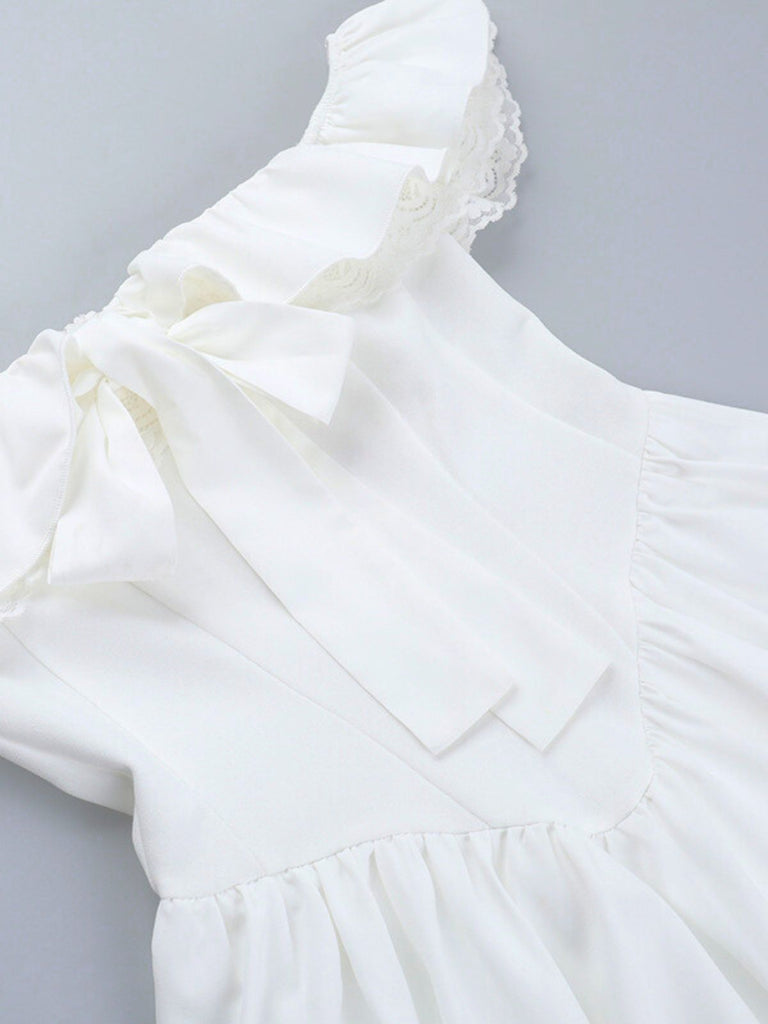 White 1960s Bow Off-Shoulder Lace Tutu Dress - vintage dress, retro fashion, elegant style for vintage lovers