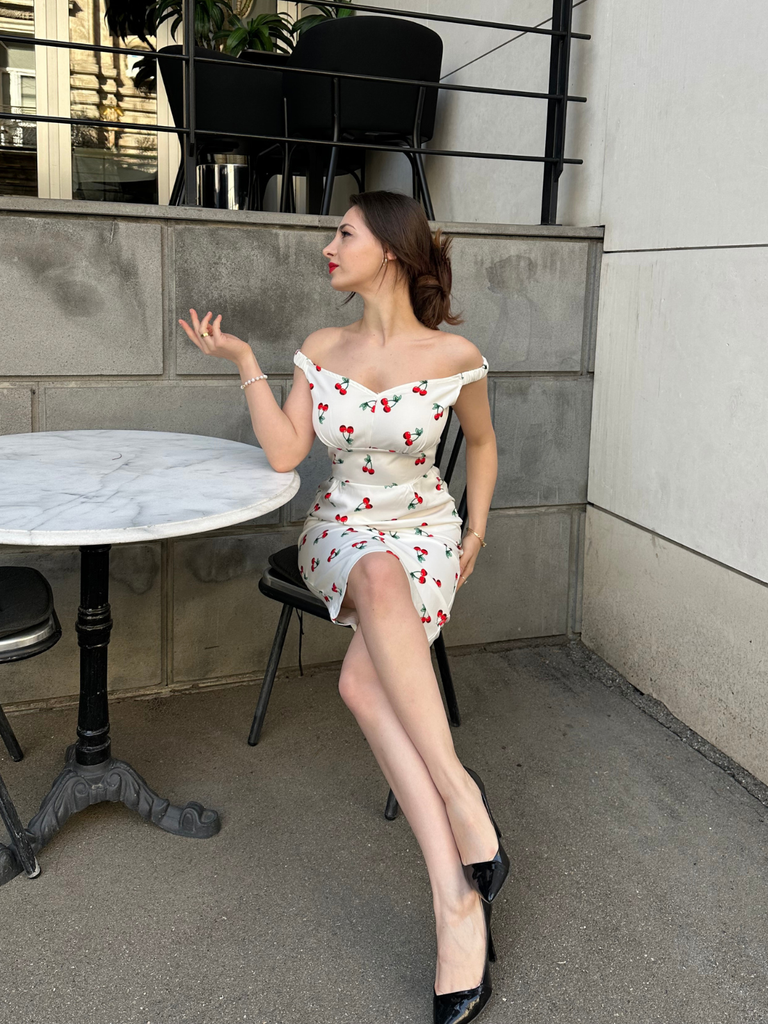White 1960s Cherry Off-Shoulder Pencil Dress - vintage dress, retro fashion, pure white