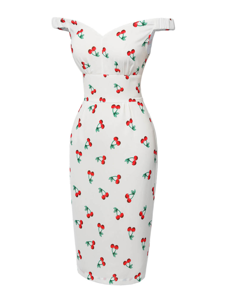 This White 1960s Cherry Off-Shoulder Pencil Dress wraps her in 1960s elegance, one twirl at a time
