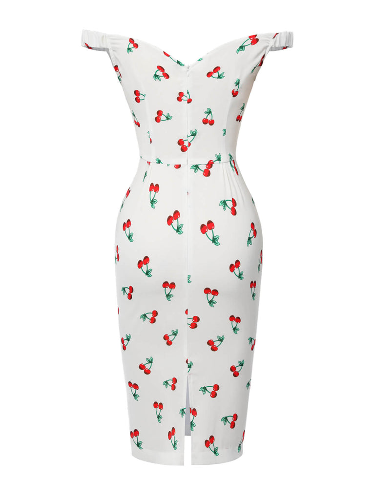 White 1960s Cherry Off-Shoulder Pencil Dress — the kind of 1960s dress that makes strangers smile