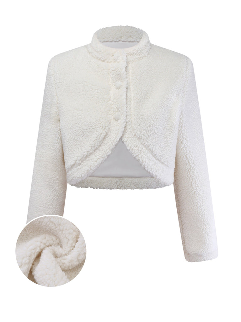 White 1960s Faux-Wool Stand Collar Jacket - vintage fashion, retro style, pure white