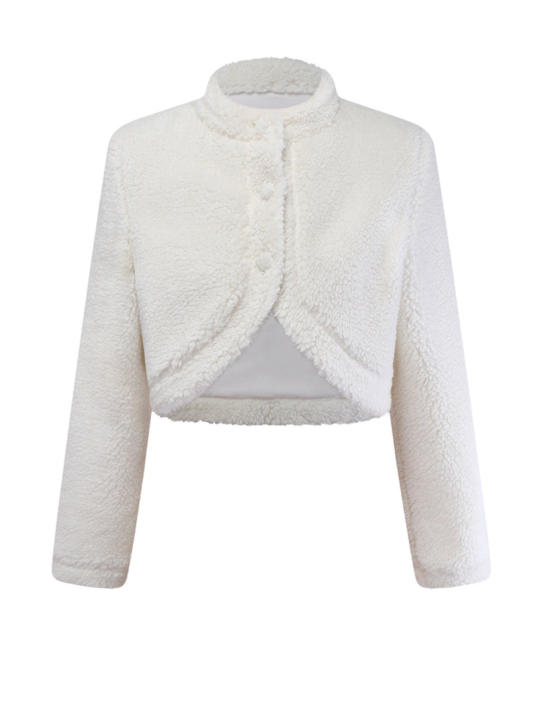 White 1960s Faux-Wool Stand Collar Jacket - vintage fashion, retro style, pure white