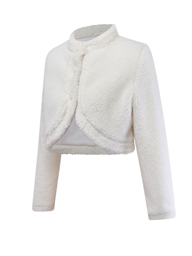 White 1960s Faux-Wool Stand Collar Jacket - vintage fashion, retro style, pure white