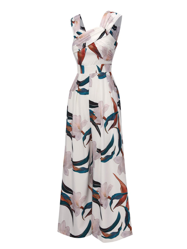 White 1960s Floral Square Neck Jumpsuit, vintage romper, retro jumpsuit - perfect for women who love vintage and retro fashion