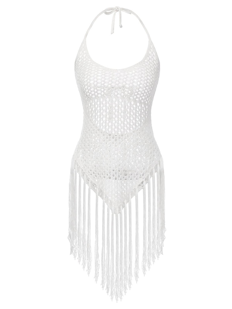 White 1960s Grid Halter Cover Up - vintage fashion, retro style, pure white
