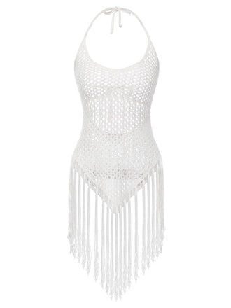 White 1960s Grid Halter Cover Up - vintage fashion, retro style, pure white