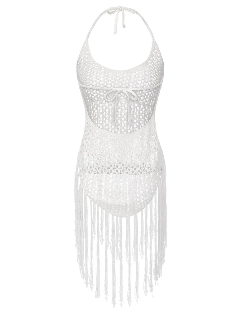 White 1960s Grid Halter Cover Up - vintage fashion, retro style, pure white
