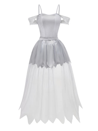 White 1960s Halloween Zombie Bride Lace Mesh Dress - vintage dress, retro fashion, pure white