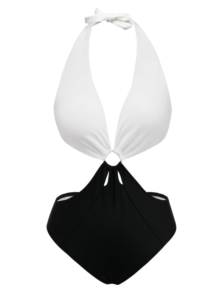 She's wearing White 1960s Halter Deep V-Neck One-Piece Swimsuit and the whole beach remembers the 1960s
