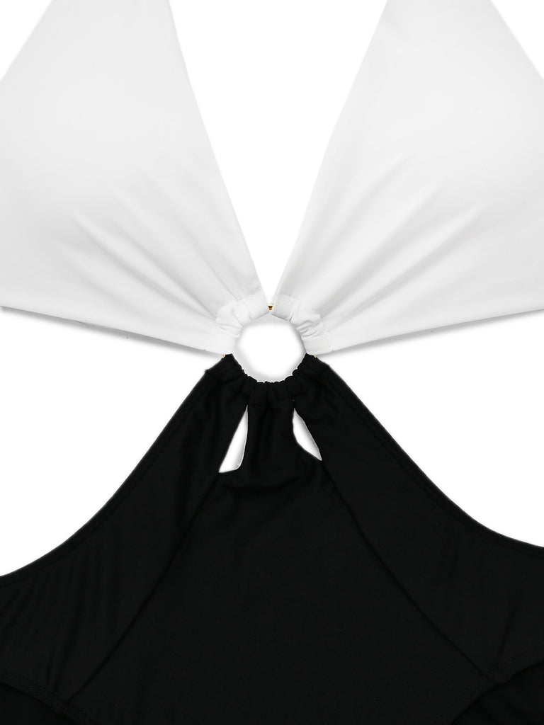 White 1960s Halter Deep V-Neck One-Piece Swimsuit — because 1960s glamour never goes out of style