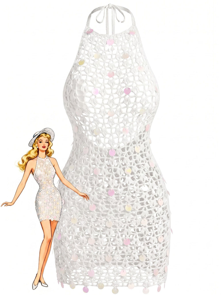 White 1960s Halter Sequin Crochet Hollow Out Cover-up, vintage fashion, retro style - perfect for women who love vintage and retro fashion