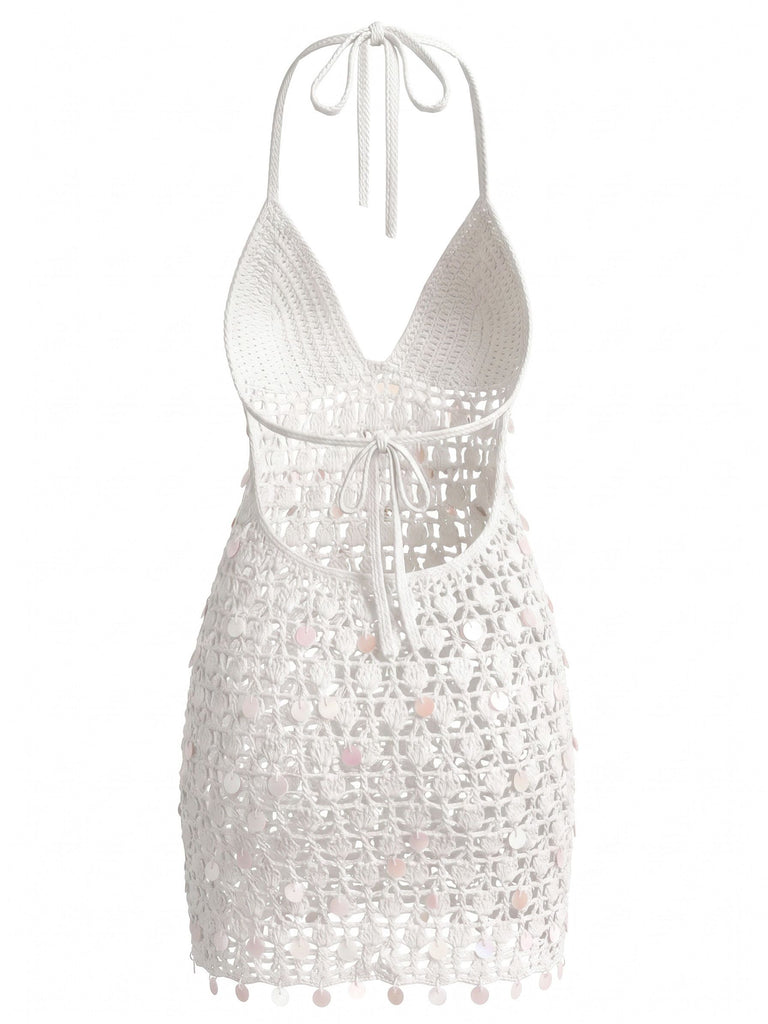White 1960s Halter Sequin Crochet Hollow Out Cover-up, vintage fashion, retro style - perfect for women who love vintage and retro fashion