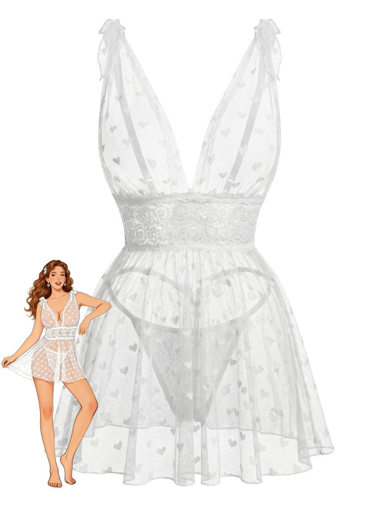White 1960s Heart Dot Sheer Lace Sleepwear Set - vintage nightgown, retro sleepwear, pure white
