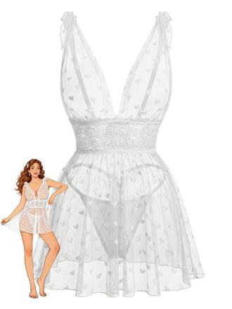 White 1960s Heart Dot Sheer Lace Sleepwear Set - vintage nightgown, retro sleepwear, pure white