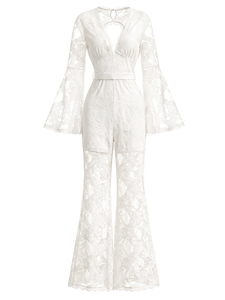 [Pre-Sale] White 1960s Lace V Neck Jumpsuit 2