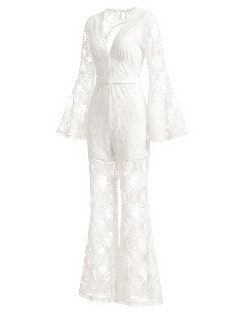 [Pre-Sale] White 1960s Lace V Neck Jumpsuit 3
