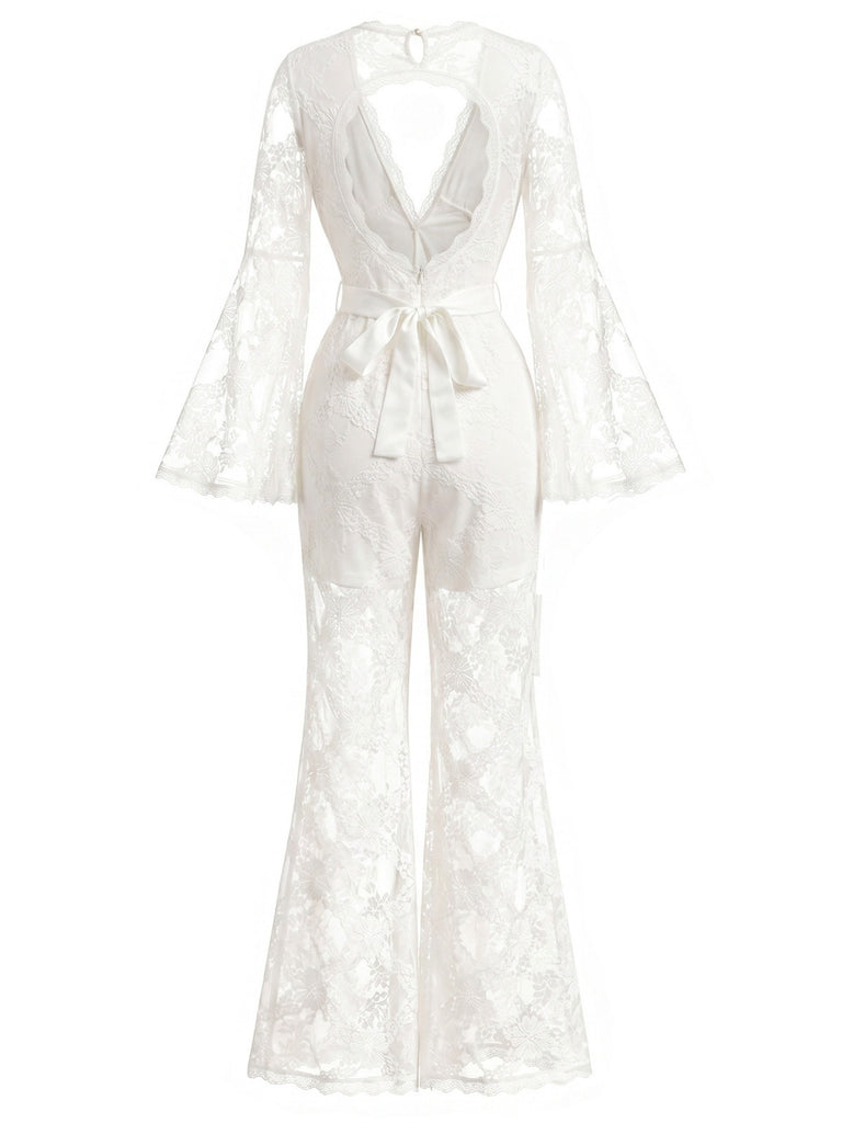 [Pre-Sale] White 1960s Lace V Neck Jumpsuit 4