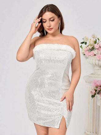 White 1960s Plush Collar Sequined Bodycon Dress - vintage dress, retro fashion, pure white
