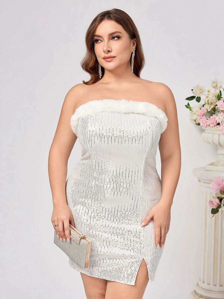 White 1960s Plush Collar Sequined Bodycon Dress - vintage dress, retro fashion, pure white