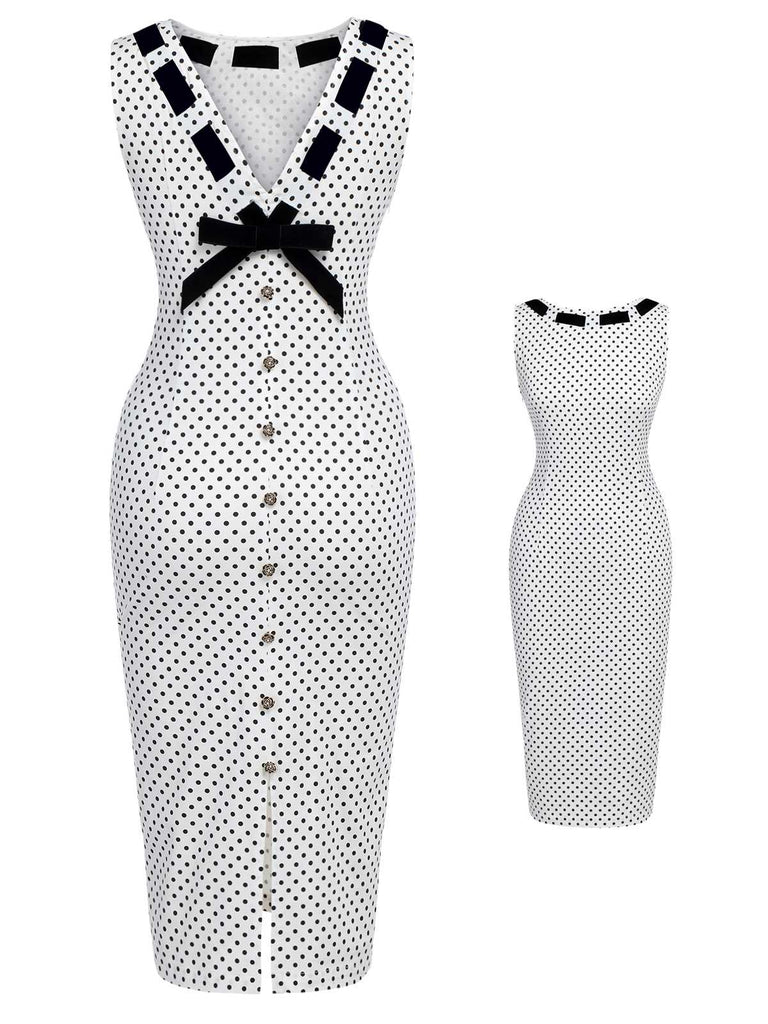 White 1960s Polka Dot Button Pencil Dress - vintage dress, retro fashion, elegant style for vintage lovers
