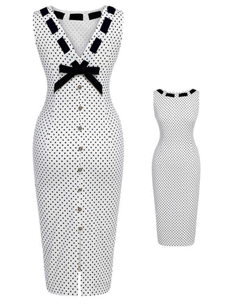 White 1960s Polka Dot Button Pencil Dress - vintage dress, retro fashion, elegant style for vintage lovers