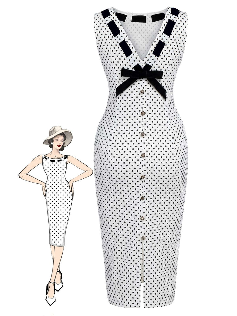 White 1960s Polka Dot Button Pencil Dress: beautiful vintage dress, retro fashion, elegant style with timeless appeal