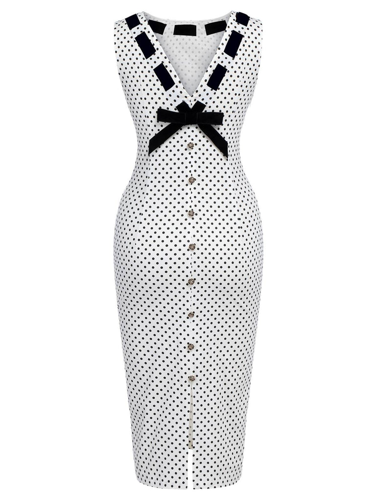 White 1960s Polka Dot Button Pencil Dress: beautiful vintage dress, retro fashion, elegant style with timeless appeal