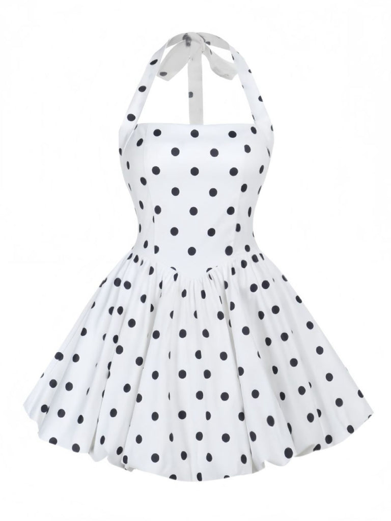 White 1960s Polka Dots Halter Tutu Dress - vintage dress, retro fashion, pure white