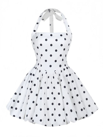 White 1960s Polka Dots Halter Tutu Dress - vintage dress, retro fashion, pure white