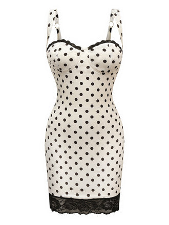 She slips into this White 1960s Polka Dots Lace Patchwork Bodycon Dress and suddenly it's a 1960s daydream