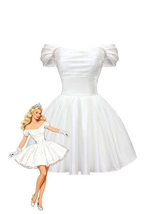 White 1960s Satin Off-Shoulder Mini Dress - vintage dress, retro fashion, pure white