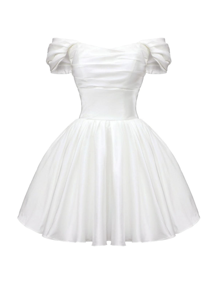 White 1960s Satin Off-Shoulder Mini Dress - vintage dress, retro fashion, pure white