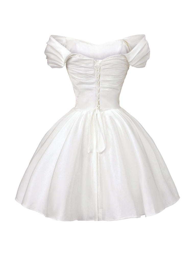 White 1960s Satin Off-Shoulder Mini Dress - vintage dress, retro fashion, pure white
