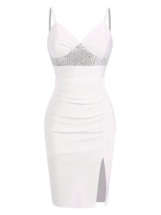 White 1960s Sequins Splicing Slit Dress, vintage dress, retro fashion - perfect for women who love vintage and retro fashion