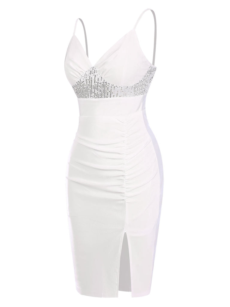 White 1960s Sequins Splicing Slit Dress, vintage dress, retro fashion - perfect for women who love vintage and retro fashion