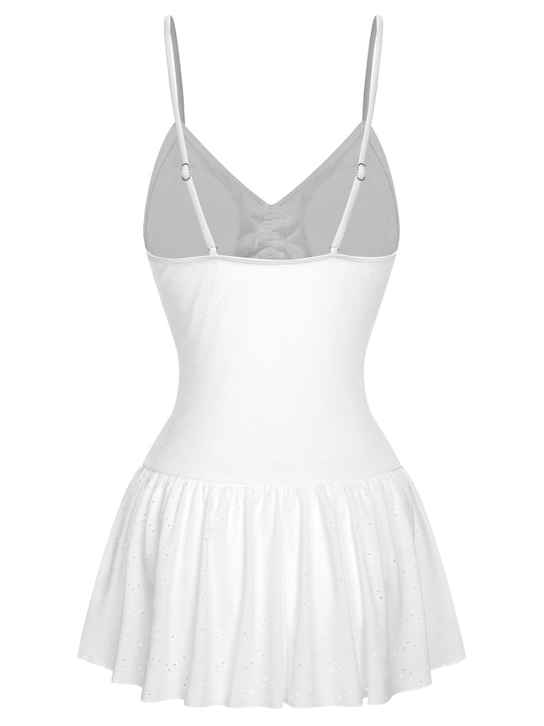 White 1960s Spaghetti Strap One-Piece Swimsuit: 1960s Riviera elegance, reimagined for her