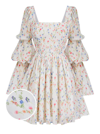 She slips into this White 1960s Square Neck Puff Ditsy Floral Dress and suddenly it's a 1960s daydream
