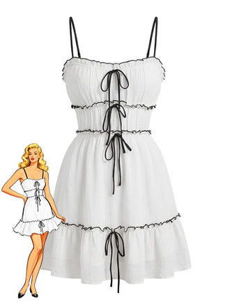 White 1960s Textured Ruffled Spaghetti Strap Mini Dress, vintage dress, retro fashion - perfect for women who love vintage and retro fashion