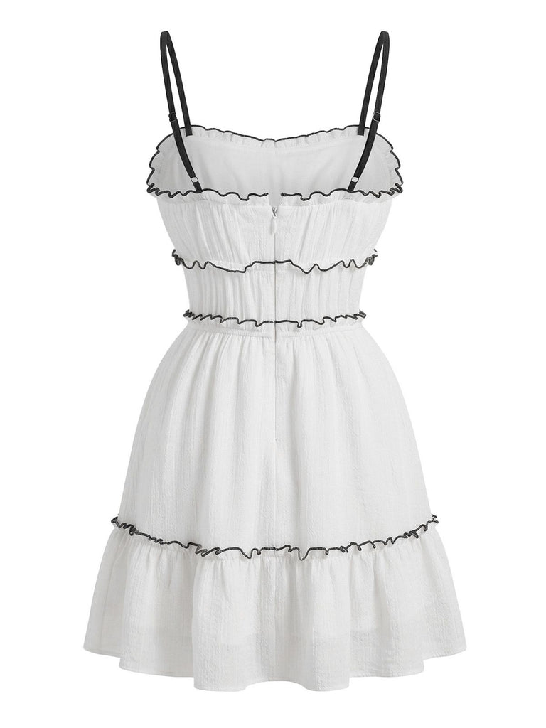 White 1960s Textured Ruffled Spaghetti Strap Mini Dress, vintage dress, retro fashion - perfect for women who love vintage and retro fashion