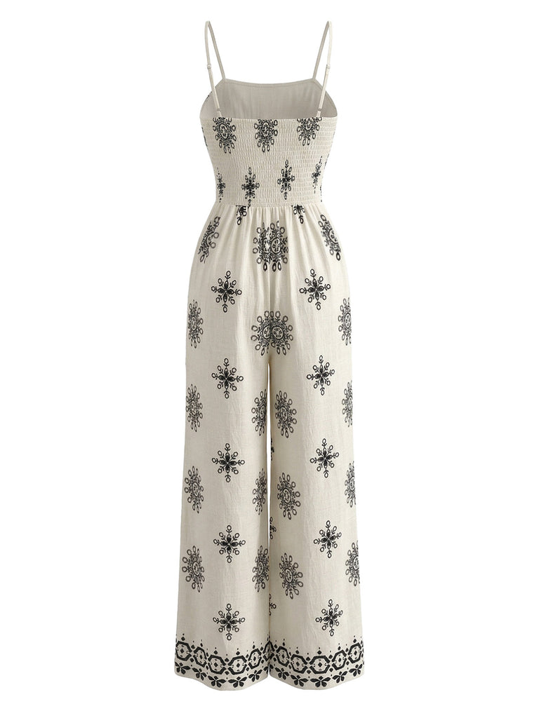 White 1970s Bohemian Spaghetti Strap Smocked Jumpsuit, vintage romper, retro jumpsuit - perfect for women who love vintage and retro fashion