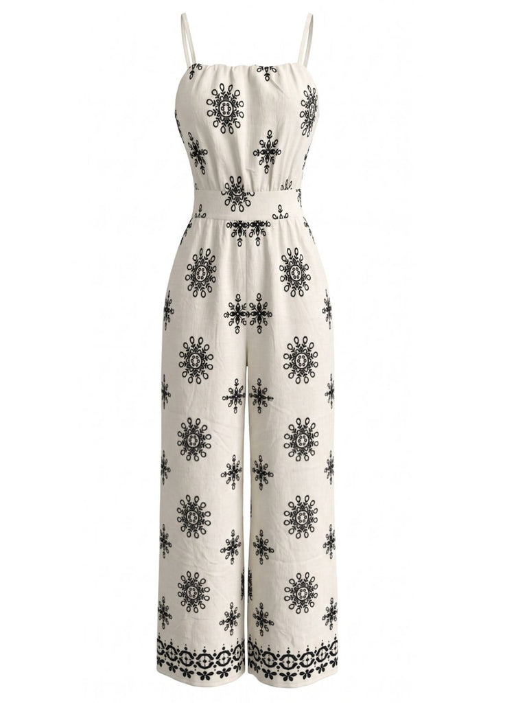 White 1970s Bohemian Spaghetti Strap Smocked Jumpsuit, vintage romper, retro jumpsuit - perfect for women who love vintage and retro fashion