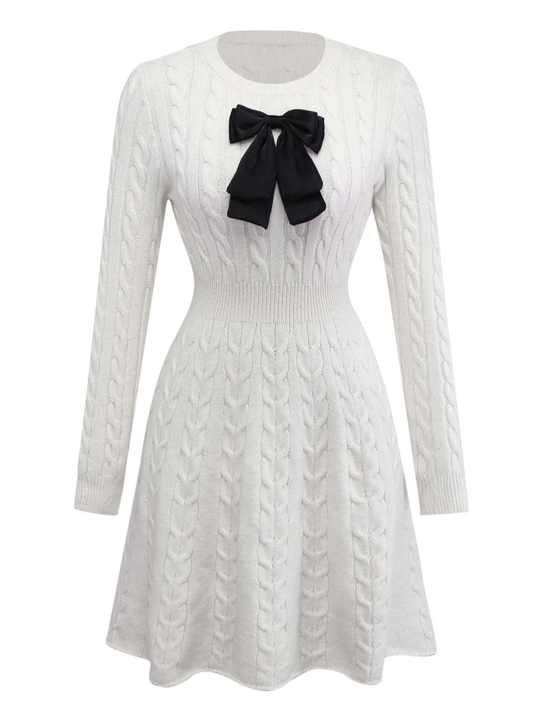 White 1970s Bow Decor Knit Sweater Dress - vintage dress, retro fashion, pure white