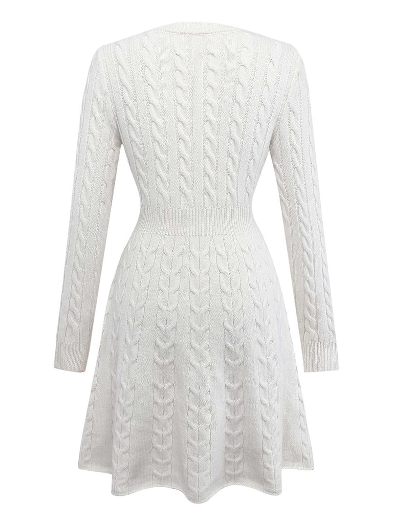White 1970s Bow Decor Knit Sweater Dress - vintage dress, retro fashion, pure white