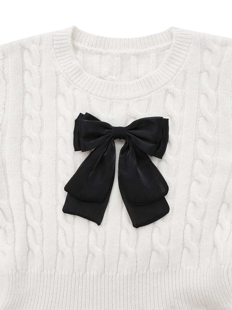 White 1970s Bow Decor Knit Sweater Dress - vintage dress, retro fashion, pure white