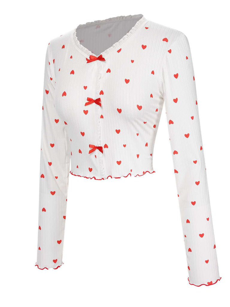 White 1970s Curled Heart Bow Long Sleeve Pajamas — 1970s style that transcends decades