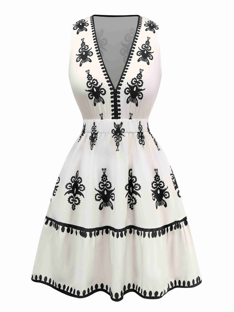 White 1970s Deep V Boho Floral Dress - vintage dress, retro fashion, pure white
