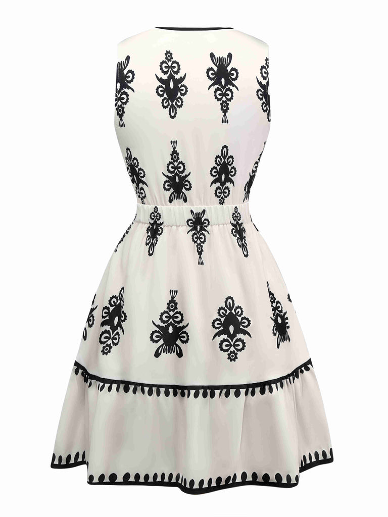 White 1970s Deep V Boho Floral Dress - vintage dress, retro fashion, pure white